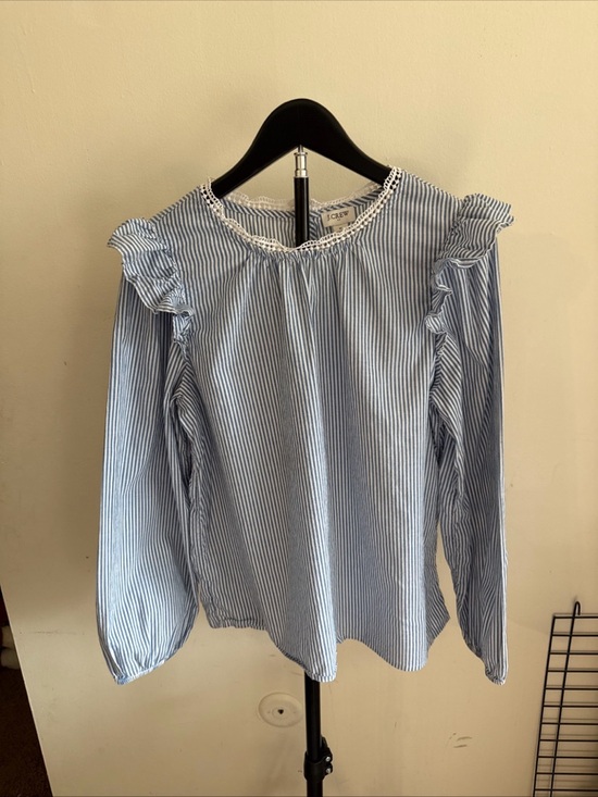 J. Crew Light Blue & White Striped Ruffle Shoulder Blouse - Picture 4 of 7